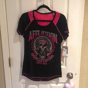 Ladies Affliction top, size medium, pink and black, cut out portion of back, NWT